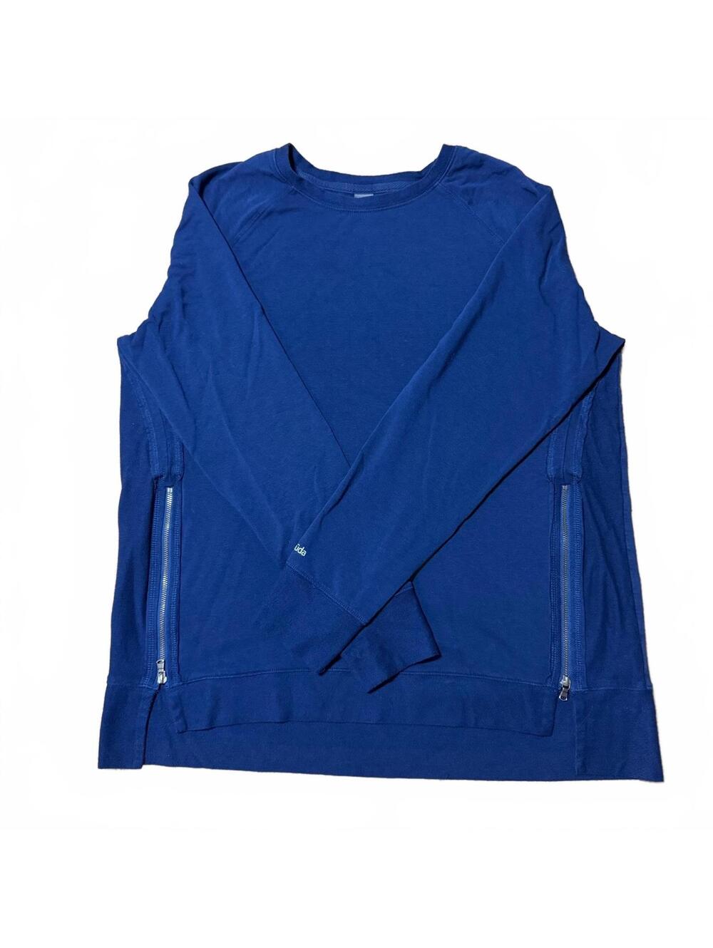 Zuda Womens M Blue Longline Tunic Sweatshirt Side Zip Pockets Stretch Pullover